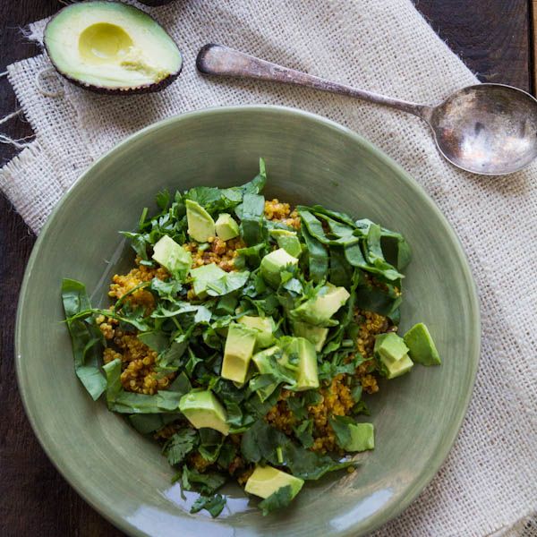 Healthy Curried Quinoa with Spinach and Avocado for Lunch by Indiaphile.info