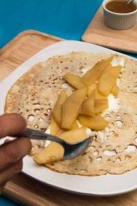 Semolina Crepes with Pear Compote, Mascarpone and Coconut Rum Caramel Sauce (Sweet Rava Dosa)