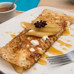 Sweet Semolina Crepes with Mascarpone and Pear Compote