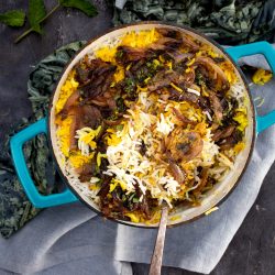 Mushroom biryani in a dutch oven, ready to serve