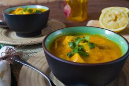 Carrot Ginger Soup with Pea Dumplings