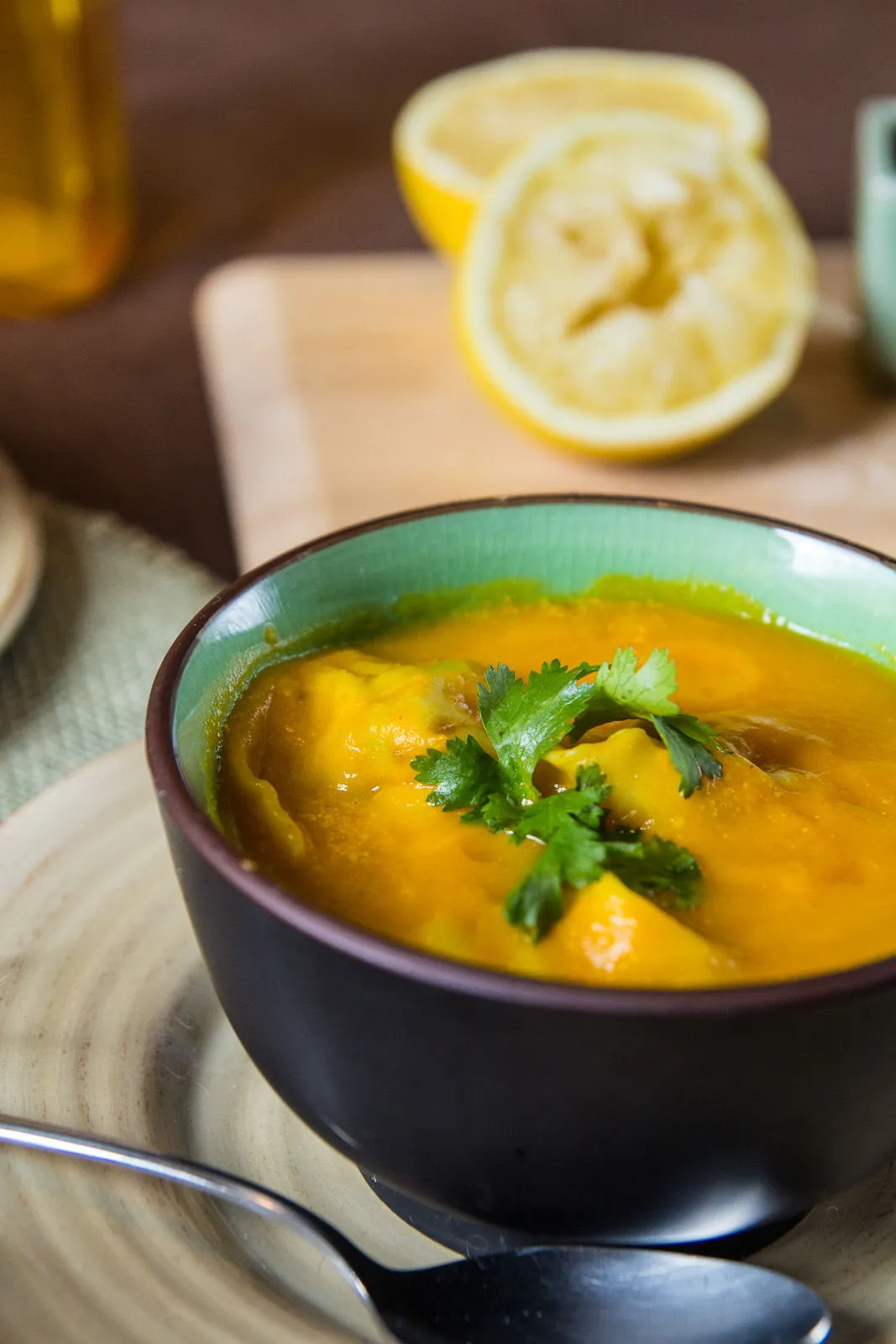 Carrot Ginger Soup with Pea Dumplings