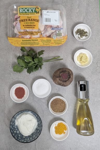 Ingredients for tandoori chicken wings.