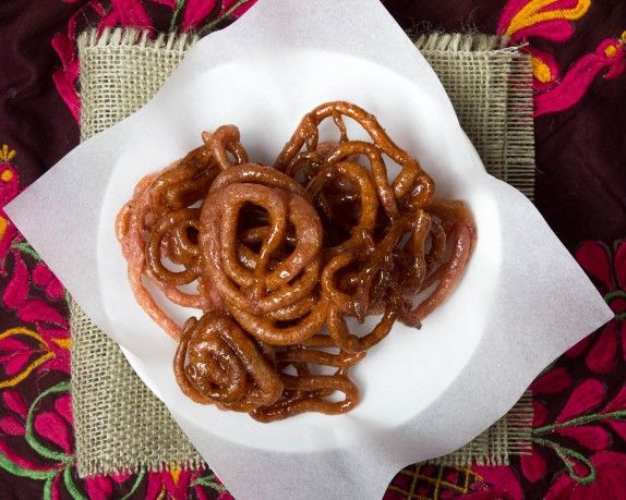 Rhubarb Jalebi in Cardamom Syrup by Indiaphile.info