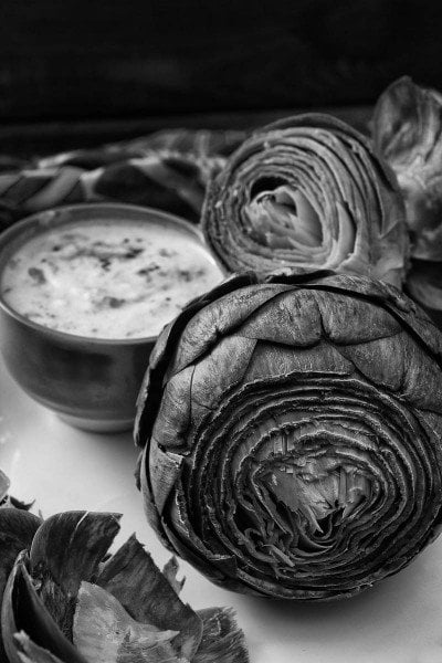 Steamed Artichokes with Curried Yogurt Dip by Indiaphile.info