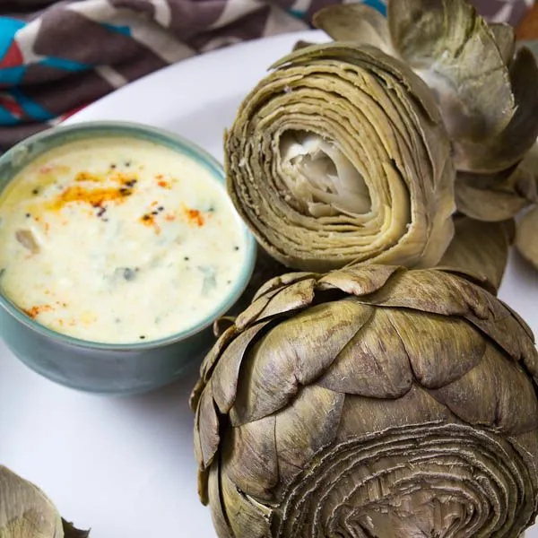 Steamed Artichokes with Curried Yogurt Dip by Indiaphile.info