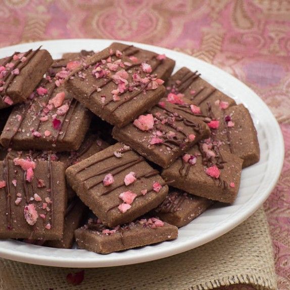 Chocolate Cardamom Shortbread Cookies with Candied Rose Petals