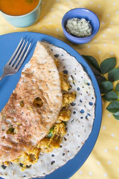 Quick Savory Semolina Crepes with Potato Curry and Coconut Chutney (Rava Masala Dosa) by Indiaphile.info