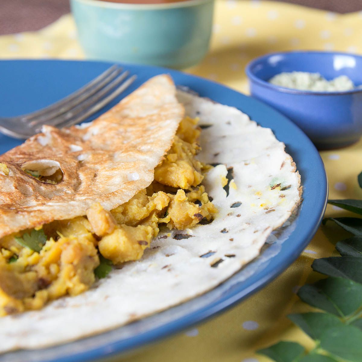 Quick Savory Semolina Crepes with Potato Curry and Coconut Chutney (Rava Masala Dosa) by Indiaphile.info