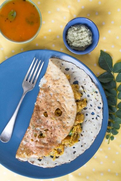 Rava Masala Dosa (Savory Semolina Crepes) with Potato Curry and Coconut Chutney by Indiaphile.info