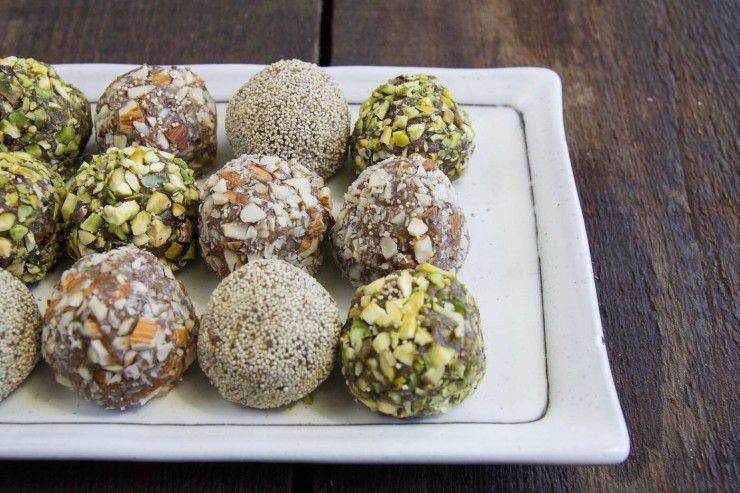 Date Bites on a white rectangular plate