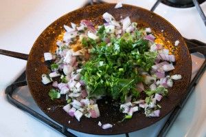 Onions in shallow pan