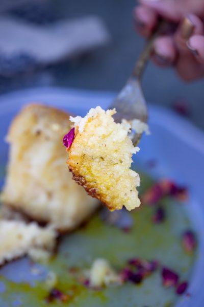 Showing a piece of gulab jamun cake