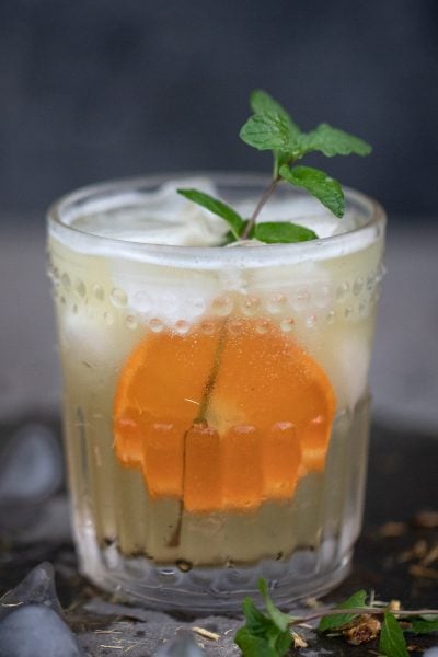 Licorice gin and tonic garnished with mint and tangerine