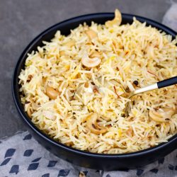 A bowl of onion rice pilaf