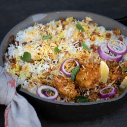 Chicken tikka biryani in a pan