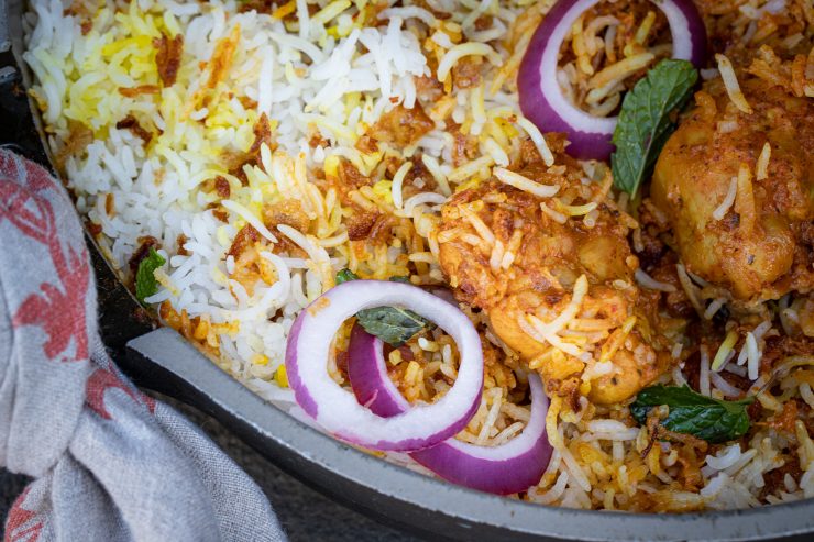 Close up image of chicken tikka biryani