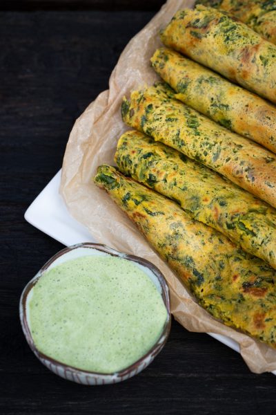 Pudla with cilantro-yogurt chutney