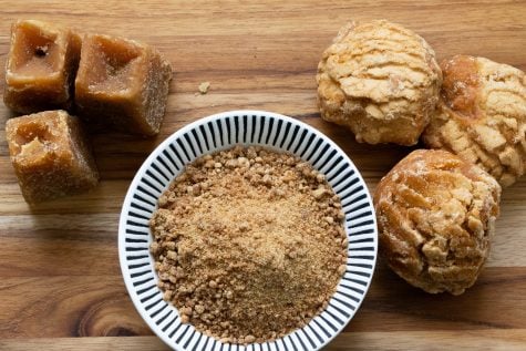 Jaggery in cubes, balls and shredded