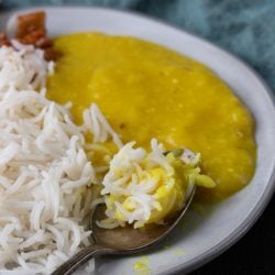 A plate of dal chawal, rice and dal.