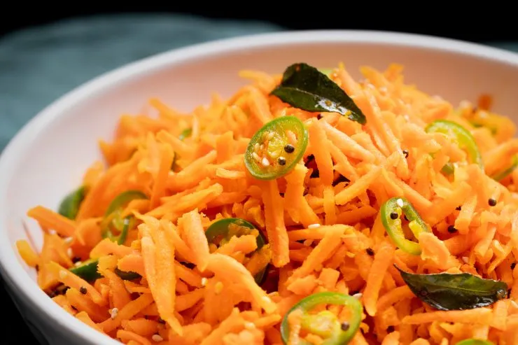 Close up of a bowl of carrot sambharo