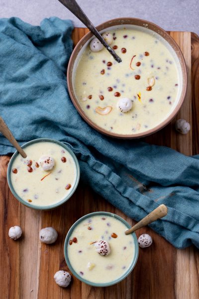 Two bowls of makhana kheer, ready to eat