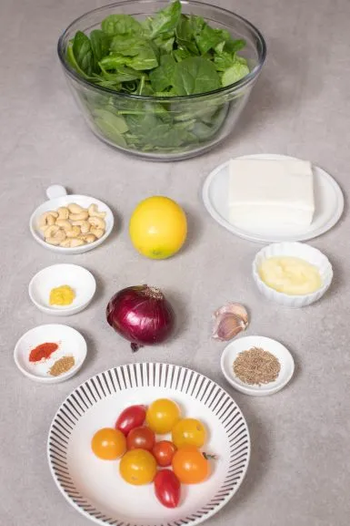 Ingredients for spinach and paneer salad.